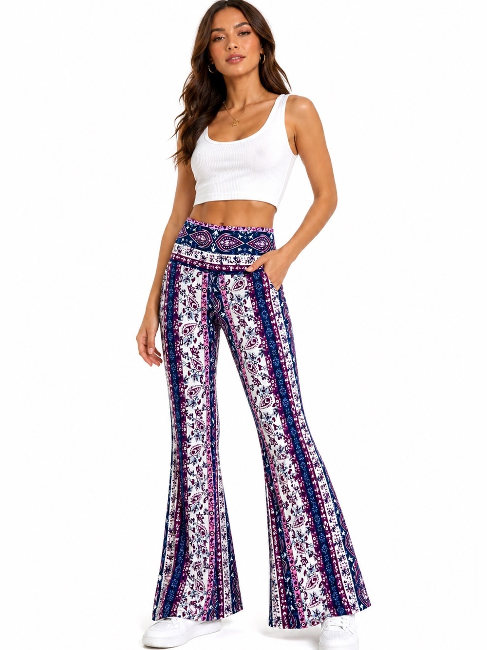 Boho Floral High-Waist Flare Pants - White/Navy Size Small